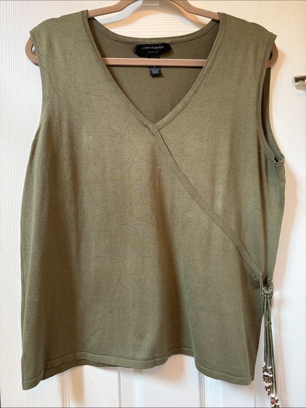 1X Cable & Gauge Olive Sleeveless Wrap-Style Sweater with Stone Details